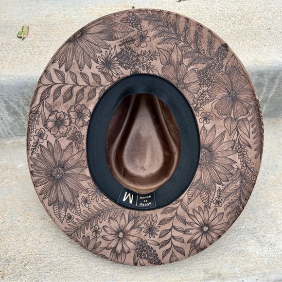 Brown floral burned rancher style cowboy hat wide brim